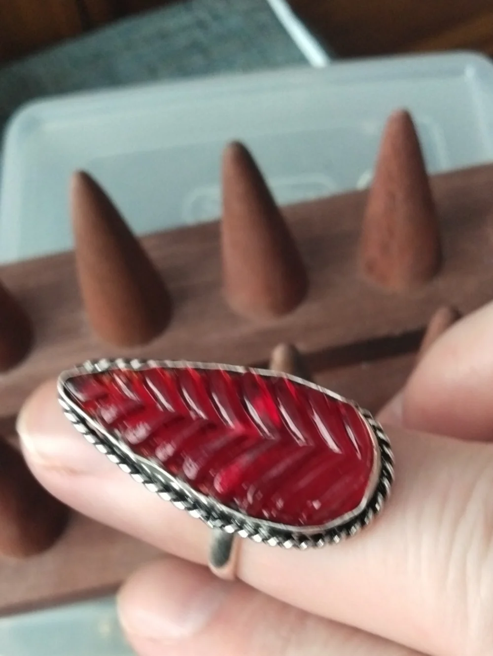 Red Carved Teardrop Statement Ring
